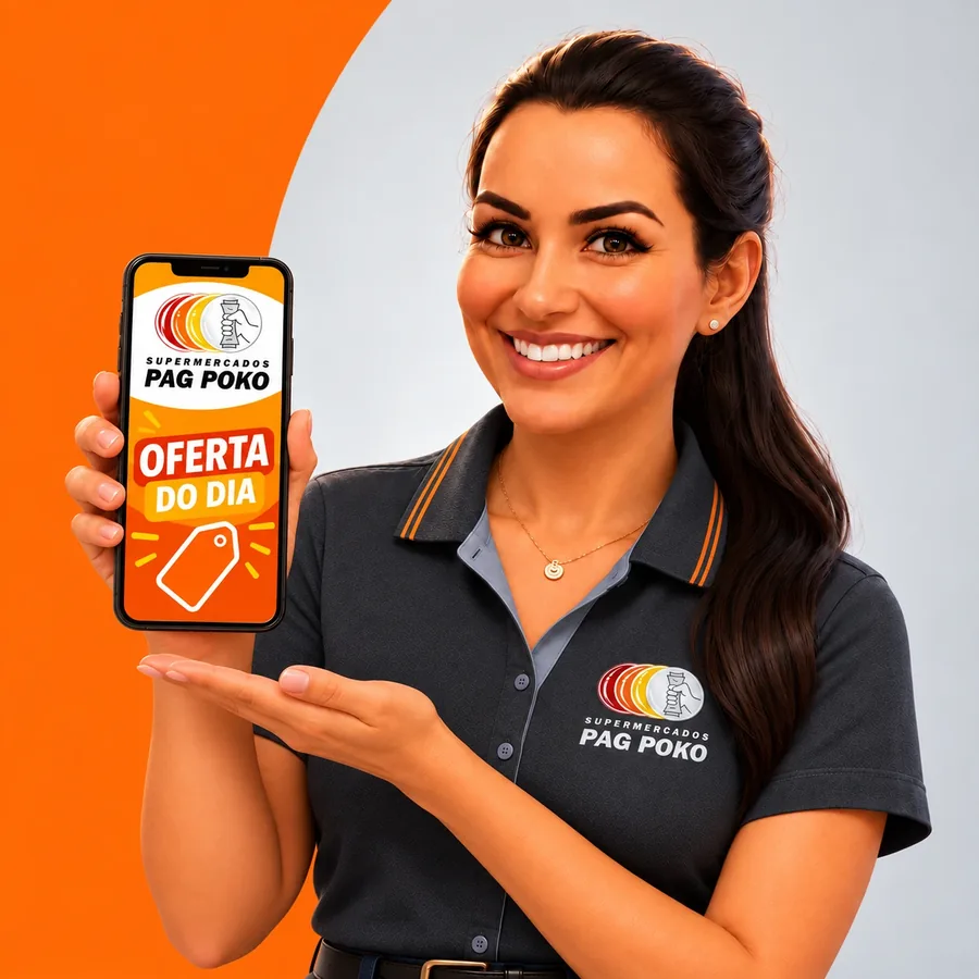 Colaboradora Pag Poko sorrindo e mostrando no celular a Oferta do Dia